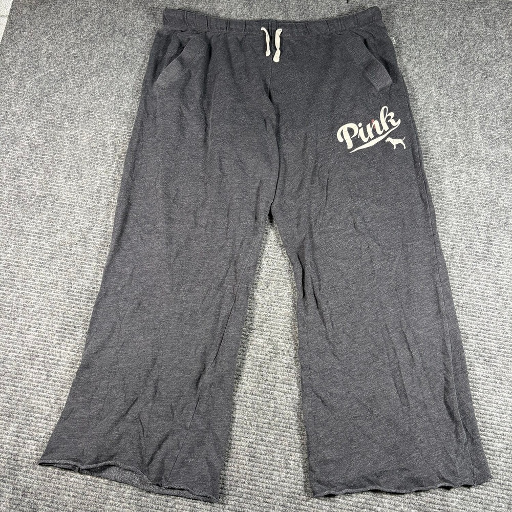 Pink Victoria's Secret Sweatpants Womens L Gray Excellent Wide Leg Raw Hem